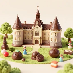 foto von einem rokoko schloss aus schokolade und bunten lebkuchen steht in einer bunten bonbon landschaft, unreal engine, 3 d render, insanely integrate