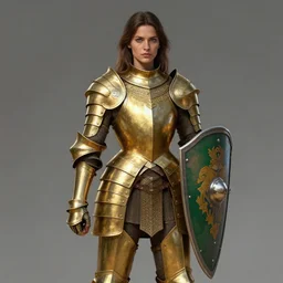 full body portrait of a female italian warrior medium length brown hair and a very highly detailed face wearing elegant golden plate mail armor with green and white painted accents, holding a rectangular tower shield, very highly detailed, artstation, cgsociety, realistic character concept art, sharp focus, by greg rutkowski, artgerm, and alphonse mucha