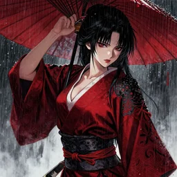 seductive female samurai, in the rain, highly detailed, painting, dark red and black color palette, intricate, high quality, anime artstyle, in the style of sana takeda