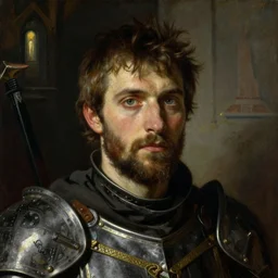 a highly detailed portrait painting of a rugged paladin with piercing eyes, tomb setting, ambient light, by gaston bussiere craig mullins alphonse mucha greg rutkowski