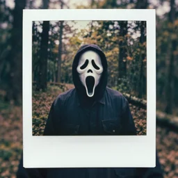 man wearing a ghost face mask in the woods, 8 0 s, polaroid, disposable film, 8 mm