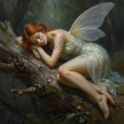 a tired fairy rests on a log, detailed matte fantasy painting, cinematic lighting, deviantart artstation, by greg rutkowski, by peter mohrbacher
