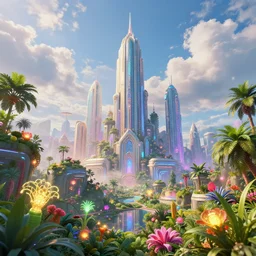 a beautiful futuristic cityscape, beautiful plants, daylight, glowing plants, breathtaking clouds, volumetric lights, brilliant lights, very detailed, 4 k, 8 k, sharp focus, surrealism, art deco, vibrant color scheme, cgsociety, 2 d art, acid pixie, by beeple