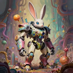 mecha rabbit in wonderland, highly detailed, concept art, scifi, bizarre, abstract, colorful, sharp focus, trending on artstation, intricate, atmosphere, art by roman makarenko, dzung phung dinh