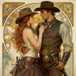 ! dream attractive gunslinger and his handsome cowboy swordsman, they are in love, natural lighting, path traced, highly detailed, high quality, digital painting, by gaston bussiere, craig mullins, alphonse mucha, j. c. leyendecker