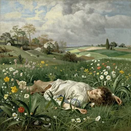 Flowers sprouting from a corpse lying in the middle of a meadow. In the style of Jacob van Ruisdael.