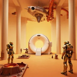 a minimalist modern cathedral interior with pillars, the matrix nebuchadnezzar biomechanical gieger, 3d rendered steampunk, iron smelting pits, high tech industrial and maschinen krieger, warm saturated colours, mri machine millennium falcon space-station with massive piping inspired by a nuclear reactor submarine, ilm, beeple, star citizen halo, mass effect, starship troopers, elysium