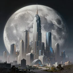 futuristic city skyline on the Moon, unreal 5, DAZ, detailed, soft focus, brilliant, 4k, 8k, HD, trending on artstation, art by Rick Guidice painting by Robert McCall by John Harris