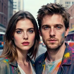 portrait, man and a woman, matte scene of a city in the background, beautiful face, rule of thirds, face symmetry, colourful spray paint splatters, expressive, passionate, by greg rutkowski, by jeremy mann, by francoise nielly, 4 k, 8 k, correct body proportion, cinematic style, man and woman