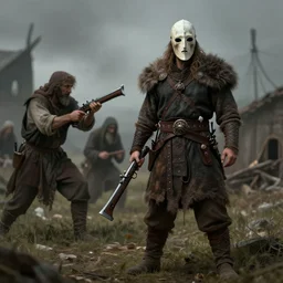 character with matchlock, viking in sad byzantine mask, concept art, grim dark fantasy stand infront of poor christian farmer. attack the christian.