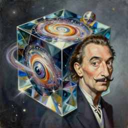 a hd surrealism painting of 3d cast glass galactic hypercube sculptures by dali and kandinsky, ultra detailed, 4k, oil on canvas