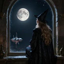 a wizard looking out of a window at a small moon that is actually a space station