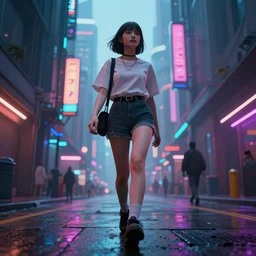 a beautiful picture of a girl walking in a cyberpunk street by aurahack and greg rutkowski, low angle shot, cinematic, colorful, trending on artstation
