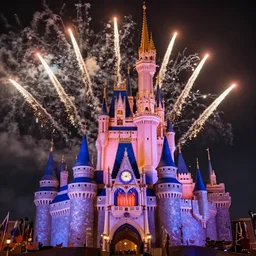 patriotic painted Cinderella Castle at Magic Kingdom decorated for fourth of july party. Nightime. Fireworks in the background. Patriotic.