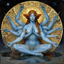 a blue skinned woman with multiple arms meditating over a puddle of outer space, by alexandros pyromallis, bouguereau, rutkowski, artgerm, alphonse mucha