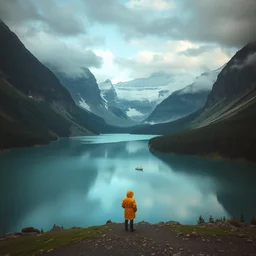 super epic realistic nature photo of mountains valley and lake trending on instagram with lonely person in raincoat standing at a distance