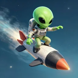 an alien riding on top of a rocket