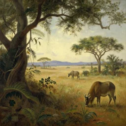 the border of the jungle and the savannah in africa in the style of hudson river school of art, oil on canvas