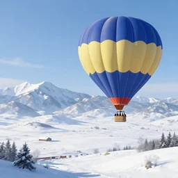 “a hot air balloon floating above a snowy landscape with mountains, anime key visual”
