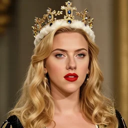 portrait of a empress, with her royal crown, beautiful, long blonde haired, beautiful nose, red lipstick, looks like scarlett johansson woman