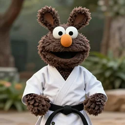a fluffy muppet in the shape of elmo with fluffy soft dark brown fur and with rabbit ears wearing a karate uniform out in nature, photography, photorealistic, muppet, national geohraphic
