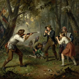 1800s painting of a country folk family shooting at zombies in the woods