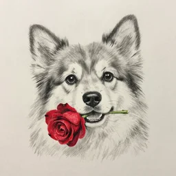 a pencil drawing of a cute dog with a red rose in it mouth, 8 k, close - up