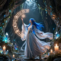 blue haired female casting a spell, sigils, floating runes, floating candles, flowing robes, in a cave with glowing crystals on the walls, electric vines, fantasy, cinematic composition, dramatic lighting, octane render, trending, 8 k,