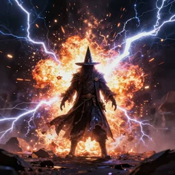 wizard in front of magical explosion, lightning, fantasy, concept art, 8 k