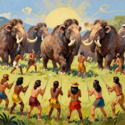 painting of primitive people hunting a herd of mammoths, artstation, vibrant, colorful, ultra detailed