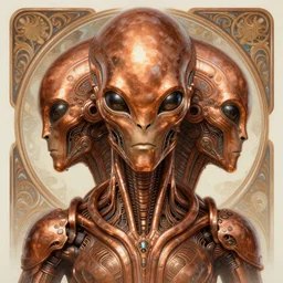 symmetry!! portrait of copper pipe alien in the style of horizon zero dawn, machine face, intricate, elegant, highly detailed, digital painting, artstation, concept art, smooth, sharp focus, illustration, art by artgerm and greg rutkowski and alphonse mucha, 8 k