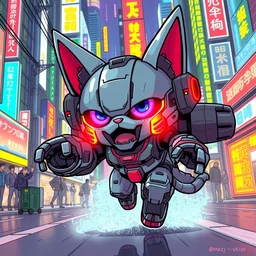 cyber mecha cat on a rampage in neo tokyo, chibi, by moebius and matt groening, cinematic, vibrant colors, 8 k, artstation