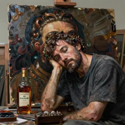 an exhausted painter in his studio with a whiskey bottle by edgar maxence and caravaggio, intricate painting, hyper realistic, extremely detailed and beautiful aesthetic face, 8 k resolution