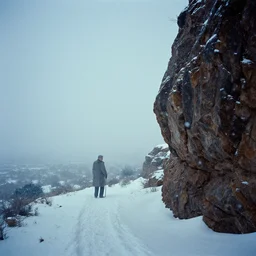 photo of shiprock, new mexico during a snowstorm. a old man in a trench coat and a cane appears as a hazy silhouette in the distance, looking back over his shoulder. cold color temperature. blue hour morning light, snow storm. hazy atmosphere. humidity haze. kodak ektachrome, greenish expired film, award winning, low contrast,