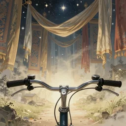 a bike projecting an image out of its handles of another land with stars and hanging silk drapery and tapestries, light dust, magnificent, close up, sharp focus, elegant, highly detailed, illustration, by jordan grimmer greg rutkowski wlop maya takamura, intricate, trending artstation, pixiv, digital art
