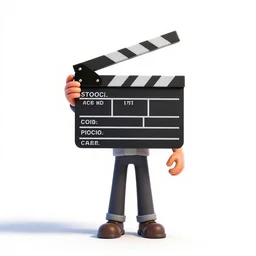 stoic film director with clapperboard, stylized pixar-style 3d render, full body, standing, isolated on a pure white background, centered, whole figure in frame, sharp focus, studio lighting