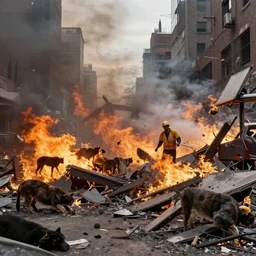 animals destroy a city, fire, destruction, chaos