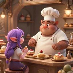 cute scene inside a fantasy bakery, a short fat obese kobold baker wearing an apron and round belly is selling pastries to a pretty goblin, intricate, highly detailed, artstation, concept art, smooth, sharp focus, natural lighting, art by artgerm and greg rutkowski
