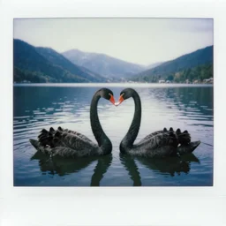 1 9 5 0 s polaroid picture of black swans swimming, touching heads making a heart with their necks on a beautiful mountain lake