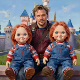 the actor chris pratt as star lord sitting beside the doll chucky, disney land as backdrop, oil painting, by greg rutkowski
