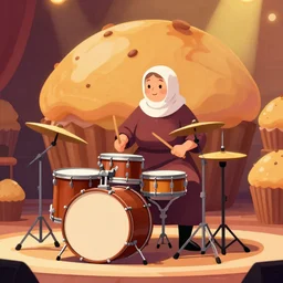 a babushka playing drums on a stage, the drums look like giant muffins, digital art
