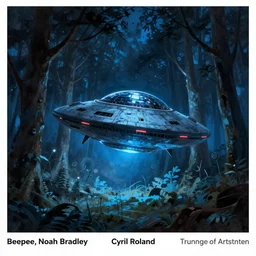 matte painting alien spaceship in clearing in Forest at night. Forest is lit by eerie blue glow. Ufo. Digital painting. Beeple. Noah Bradley. Cyril Roland trending on artstation.