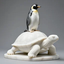 penguin riding huge turtle as a white marble sculpture, volumetric lighting, rembrandt lighting