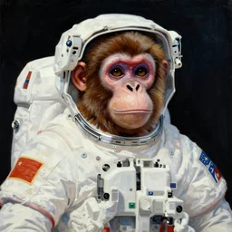 Portrait of a monkey astronaut in the style of James Gilleard, Zdzislaw Beksinski, Mark Ryden, Wolfgang Lettl highly detailed, hints of Yayoi Kasuma