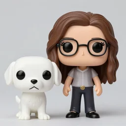 pop figure of mom with long, brown, slightly curly hair and glasses and a white golden retriever pop figure next to her