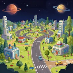 on main street in a small colony with futuristic modular buildings, on a remote planet, from a space themed point and click 2 d graphic adventure game, art inspired by thomas kinkade