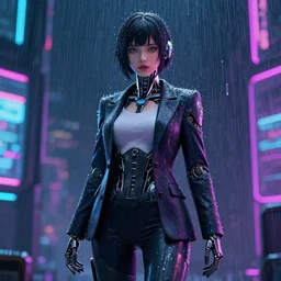 anime woman portrait made out of rain, beautiful, cyborg, stylish suit, cyberpunk background, neon, rendered in octane, unreal engine, matte painting, sharp focus, trending on artstation, futuristic, space