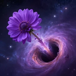 a beautiful colorful photograph of a detailed purple flower getting sucked into the black hole, fading out, 4k, breathtaking stars, space background, surrealism, concept art, Trending on artstation