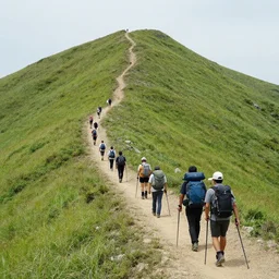 a bunch of hikers going up a mountain, view from above, victor ngai