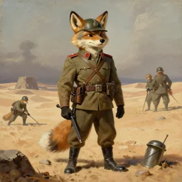 anthropomorphic furry coyote soldier in a desert wasteland during world war 1, character design, painting by gaston bussiere, craig mullins, j. c. leyendecker, tom of finland
